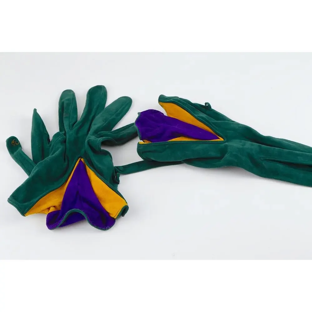 Vintage Emerald Green Suede Leather Colorblock Fan Ruffle Gloves Size 7.5